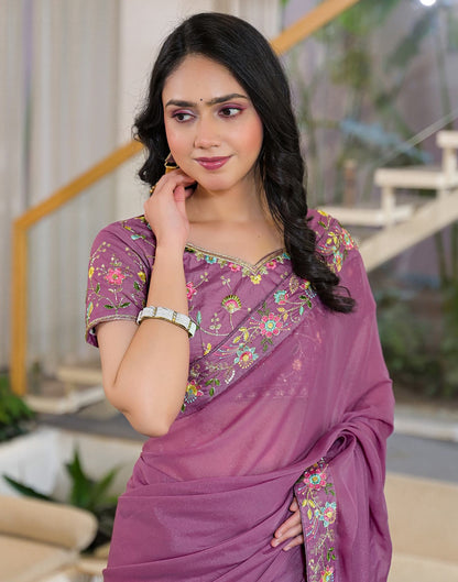 Dark Mauve Shimmer Georgette Embroidery Lace Saree