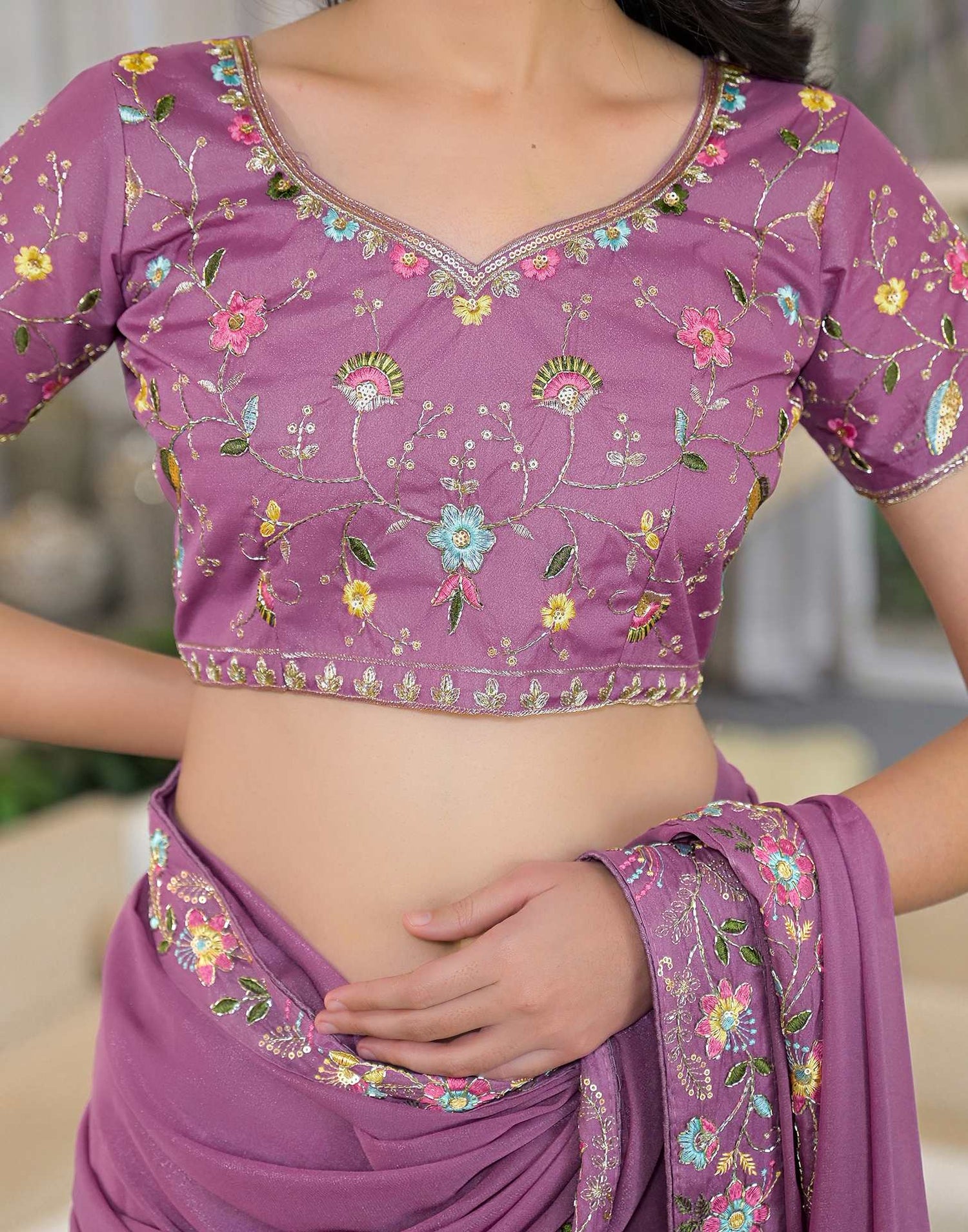 Dark Mauve Shimmer Georgette Embroidery Lace Saree