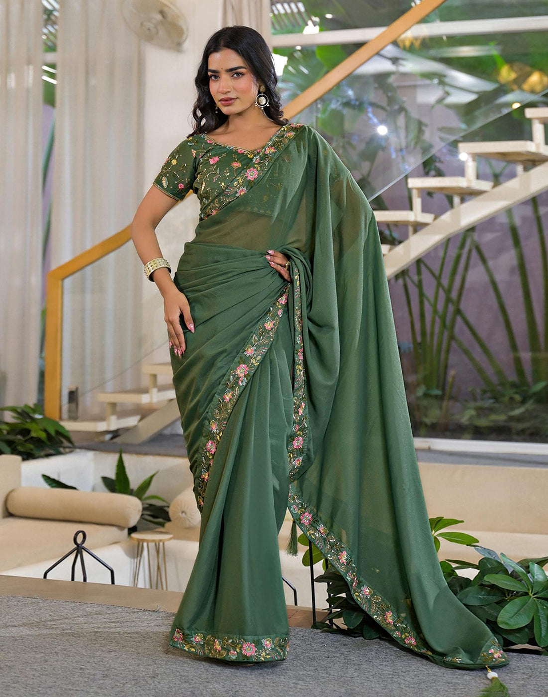 Light Green Shimmer Georgette Embroidery Lace Saree