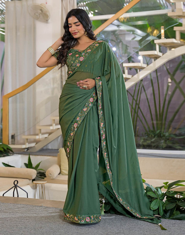 Light Green Shimmer Georgette Embroidery Lace Saree