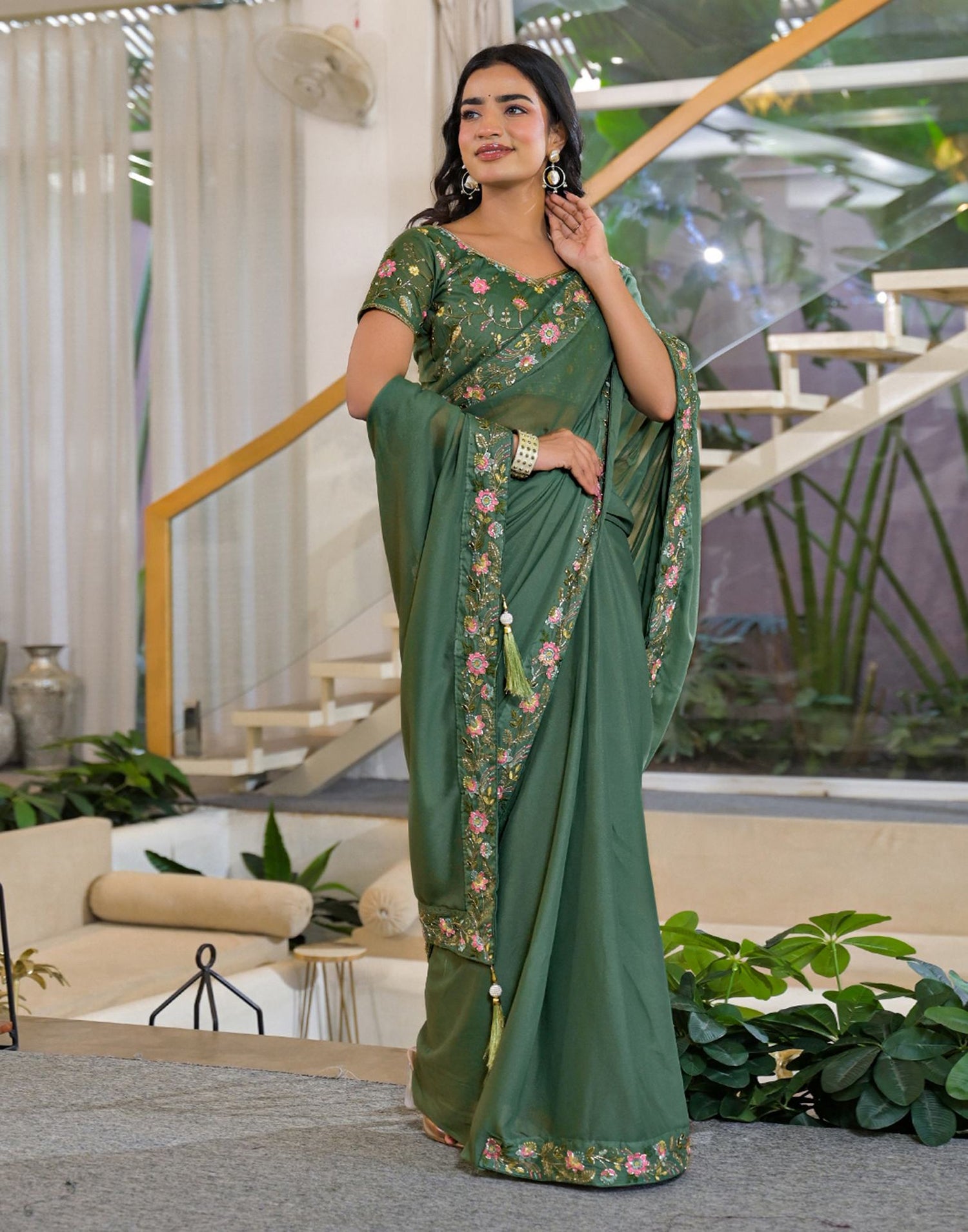 Light Green Shimmer Georgette Embroidery Lace Saree
