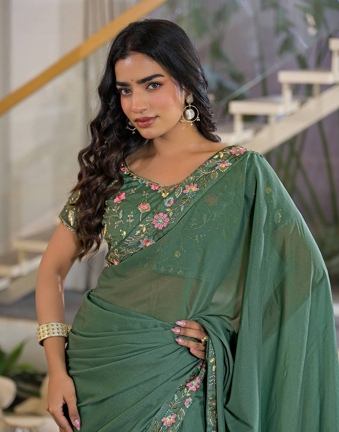 Light Green Shimmer Georgette Embroidery Lace Saree