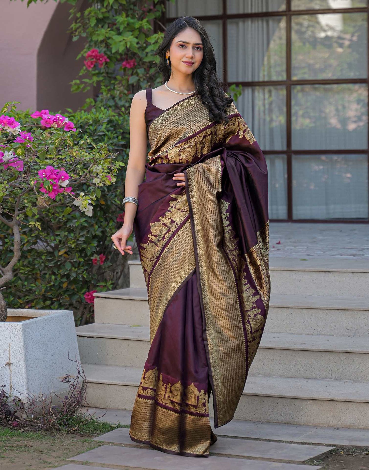 Wine Silk Woven Kanjivaram Saree