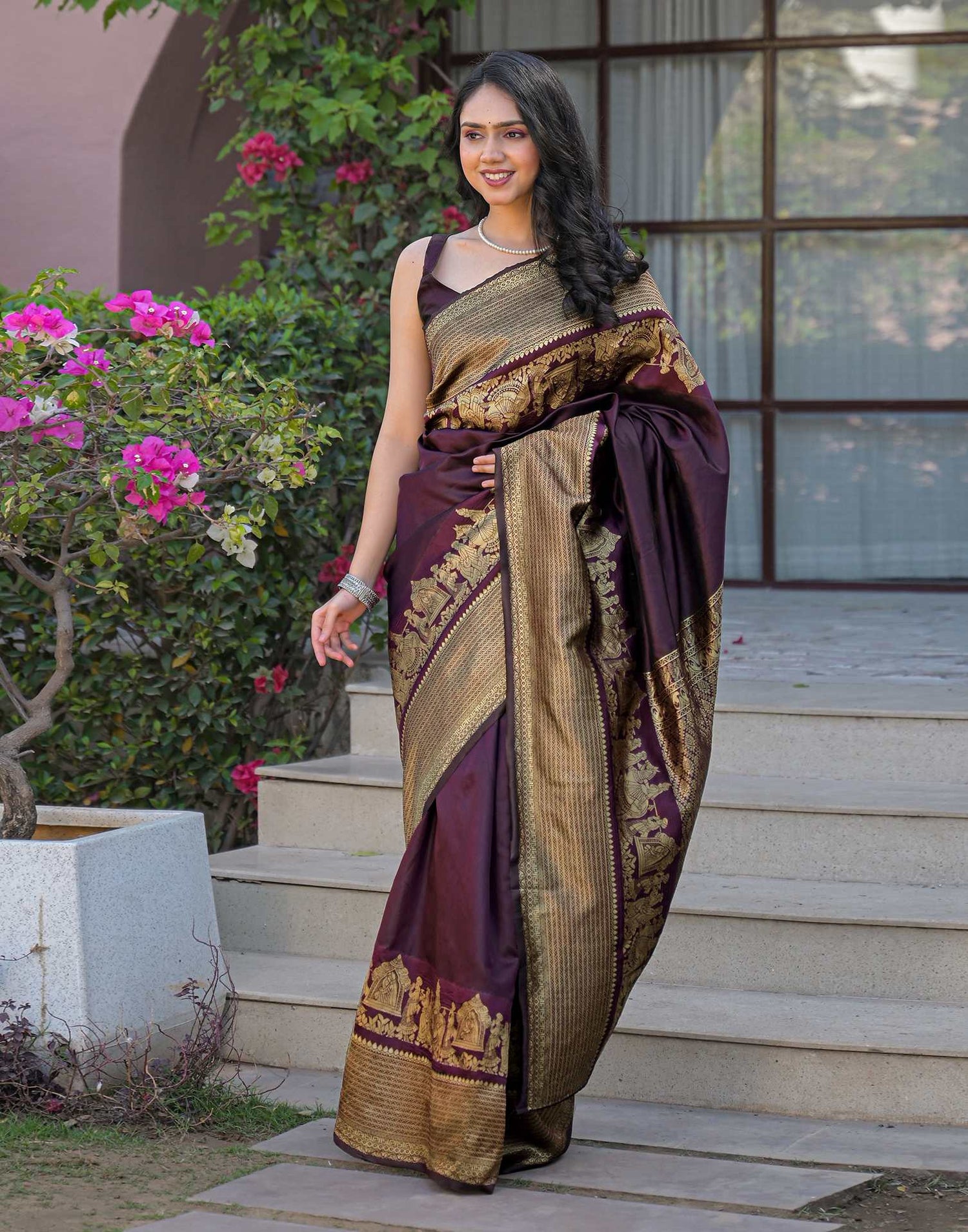 Wine Silk Woven Kanjivaram Saree