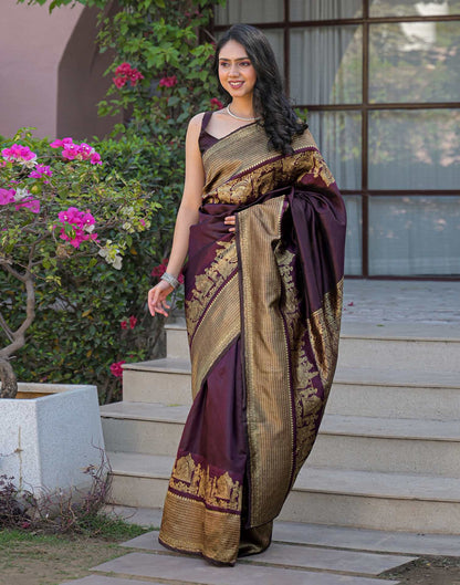 Wine Silk Woven Kanjivaram Saree