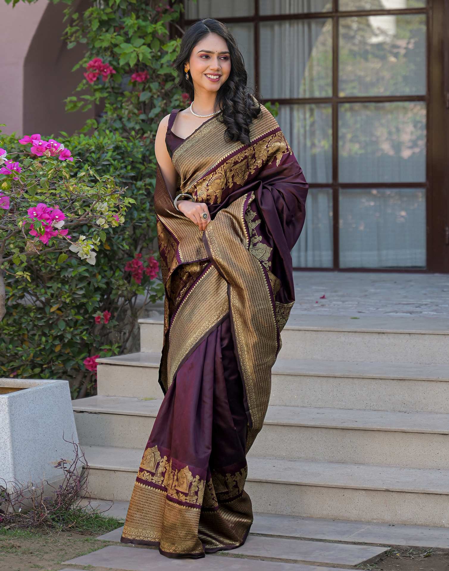 Wine Silk Woven Kanjivaram Saree