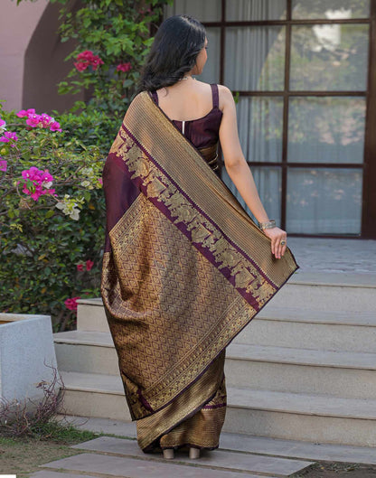 Wine Silk Woven Kanjivaram Saree