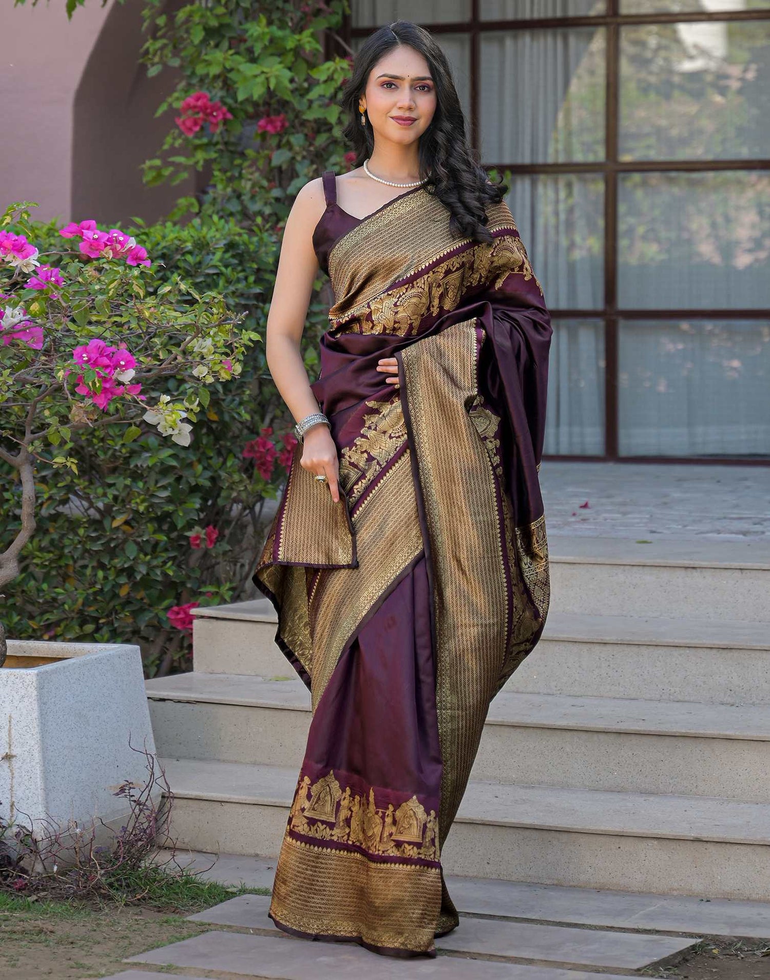 Wine Silk Woven Kanjivaram Saree