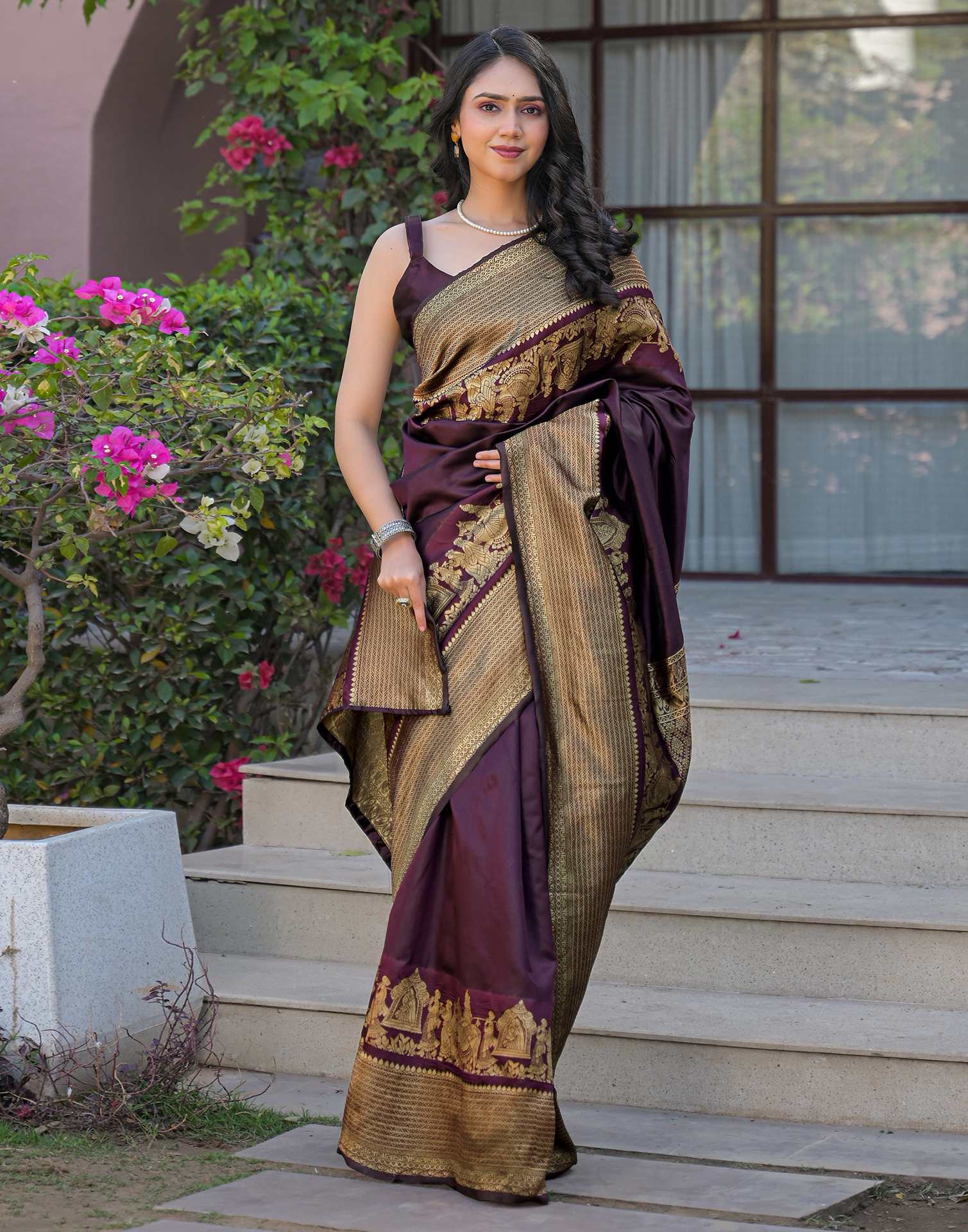 Wine Silk Woven Kanjivaram Saree