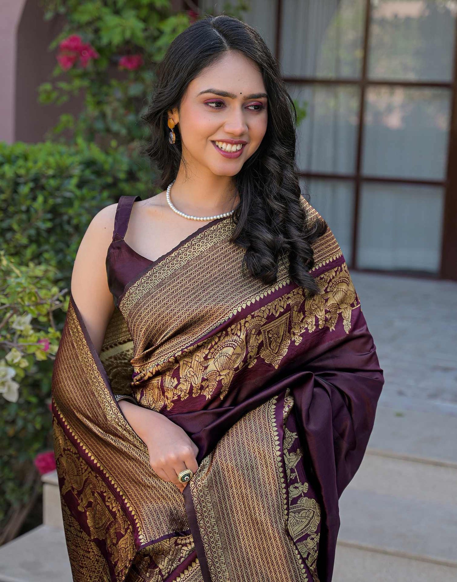 Wine Silk Woven Kanjivaram Saree