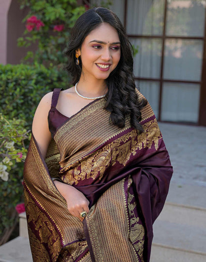 Wine Silk Woven Kanjivaram Saree