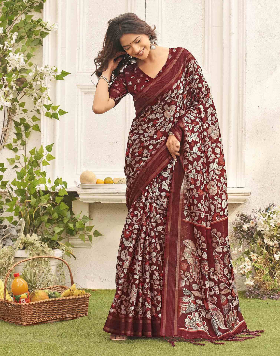 Maroon Silk Printed Kalamkari Saree