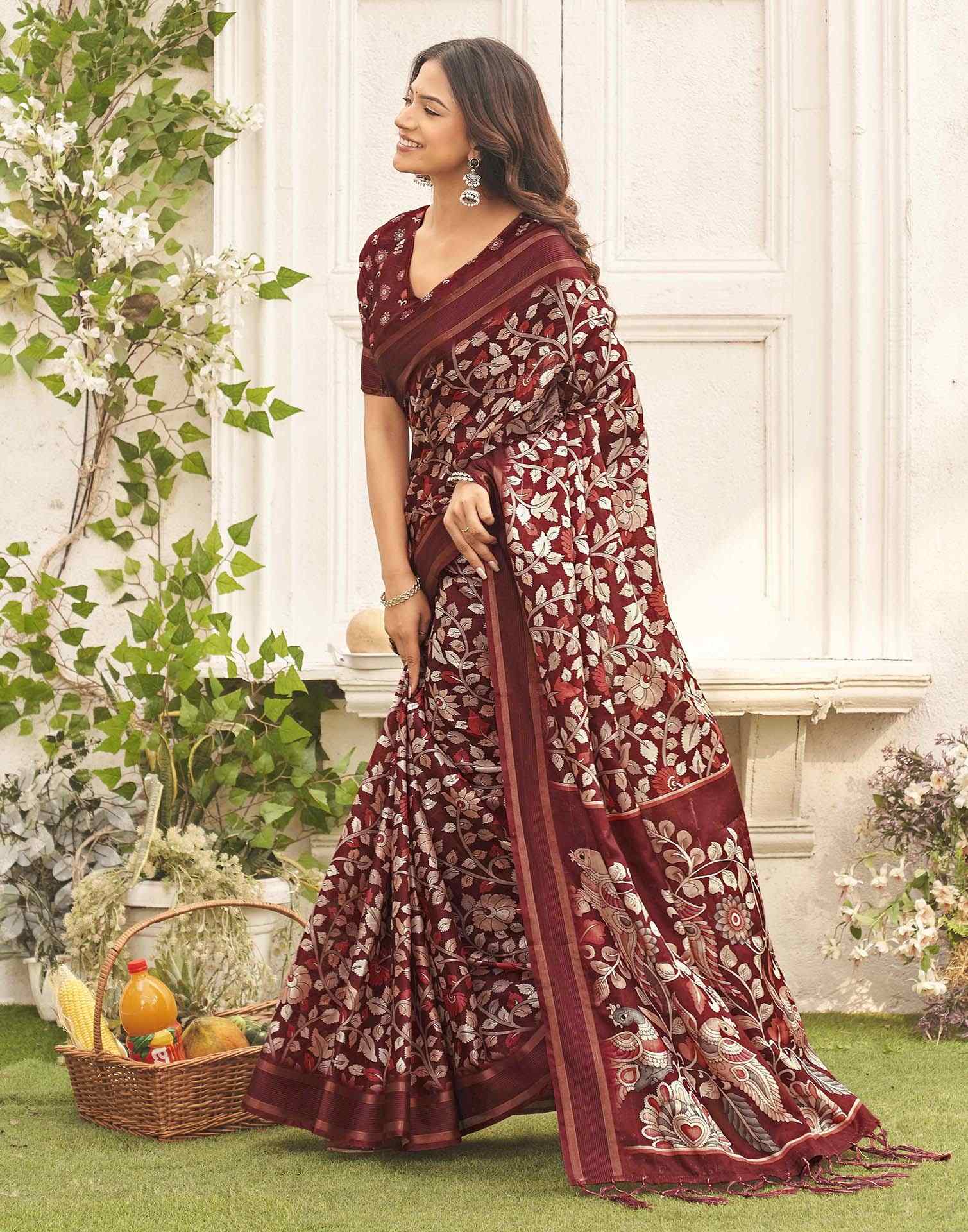 Maroon Silk Printed Kalamkari Saree