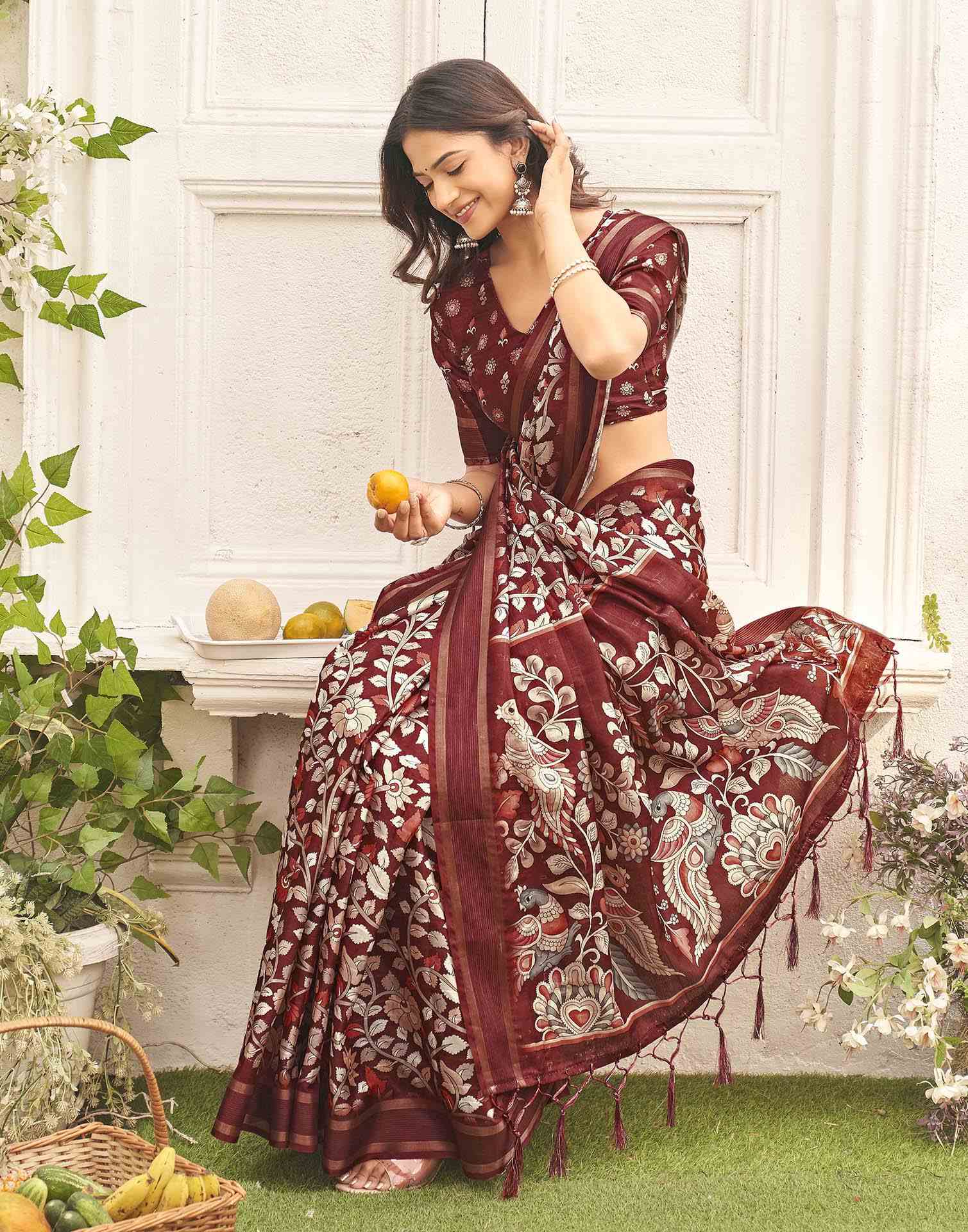 Maroon Silk Printed Kalamkari Saree