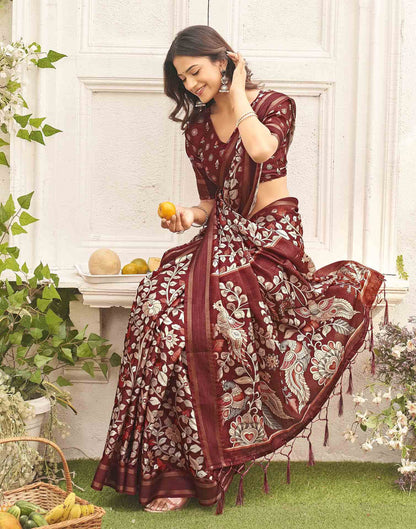 Maroon Silk Printed Kalamkari Saree