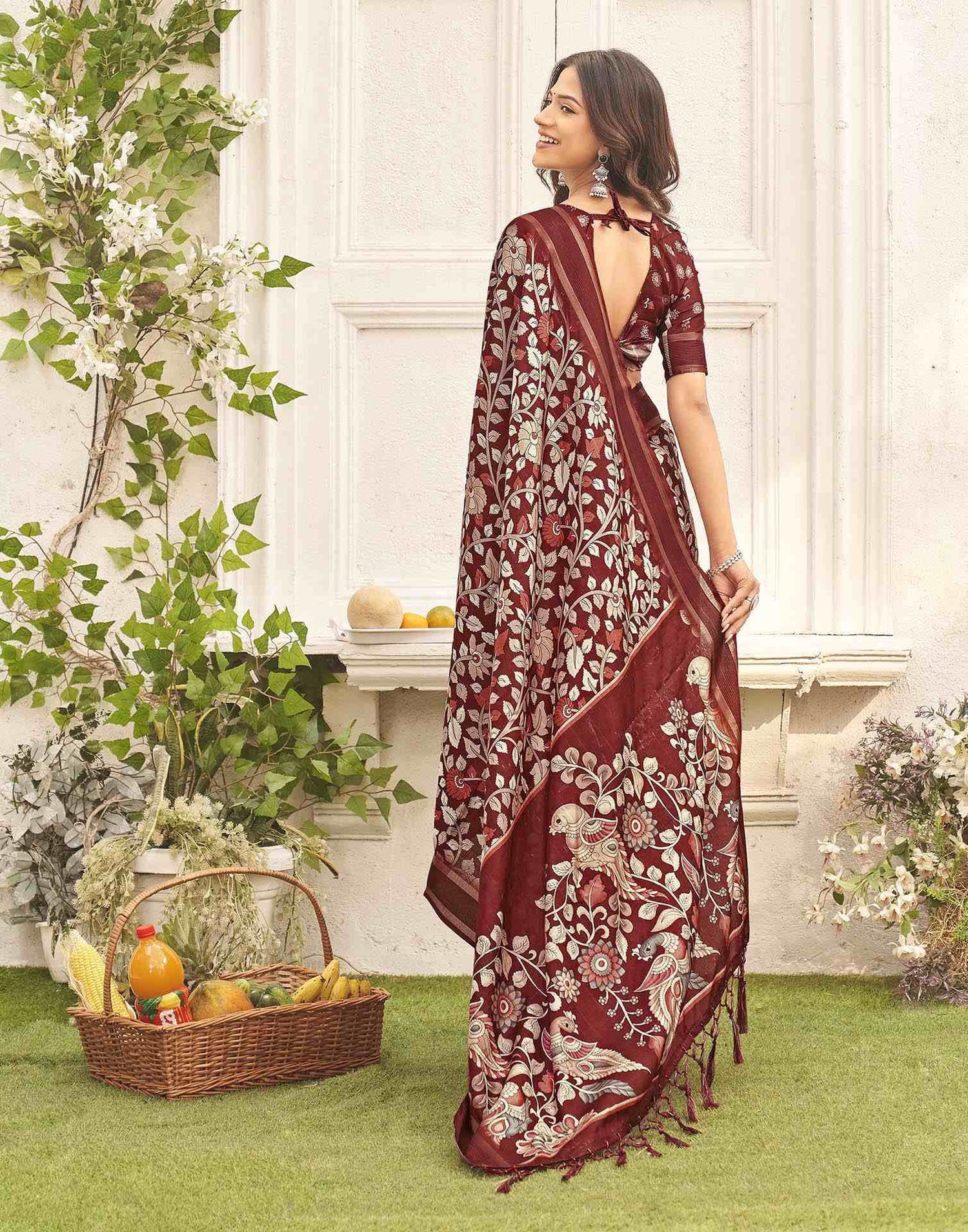 Maroon Silk Printed Kalamkari Saree