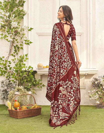 Maroon Silk Printed Kalamkari Saree