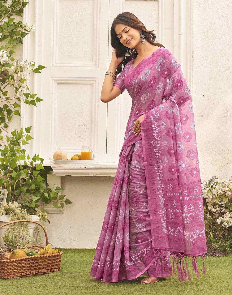 Dusty Mauve Linen Printed Saree