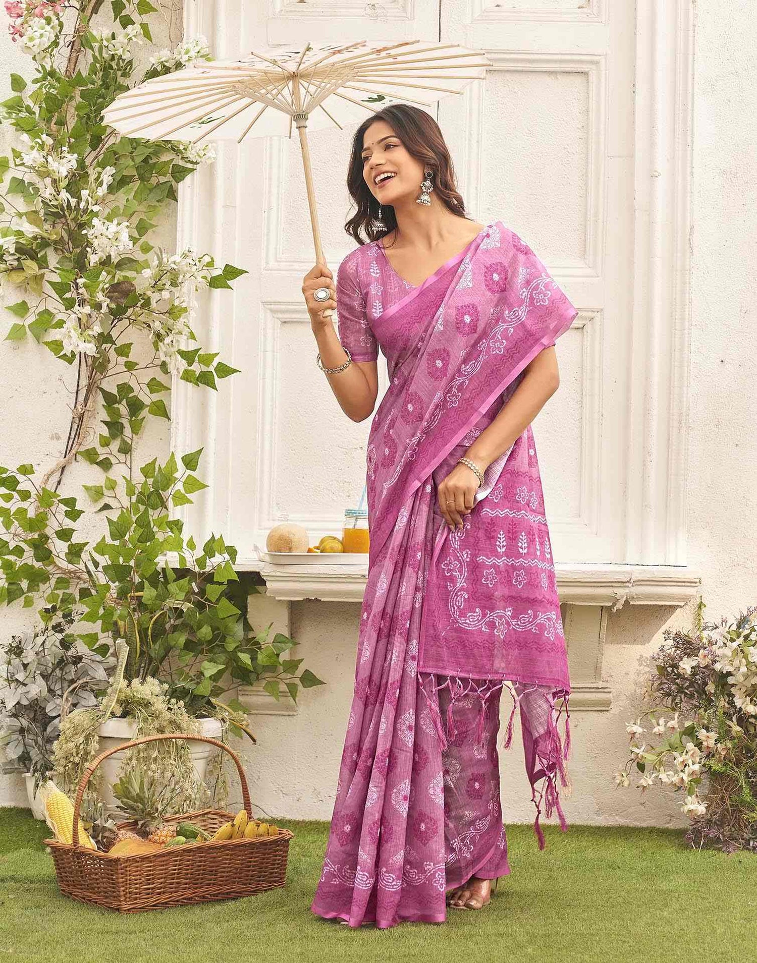 Dusty Mauve Linen Printed Saree