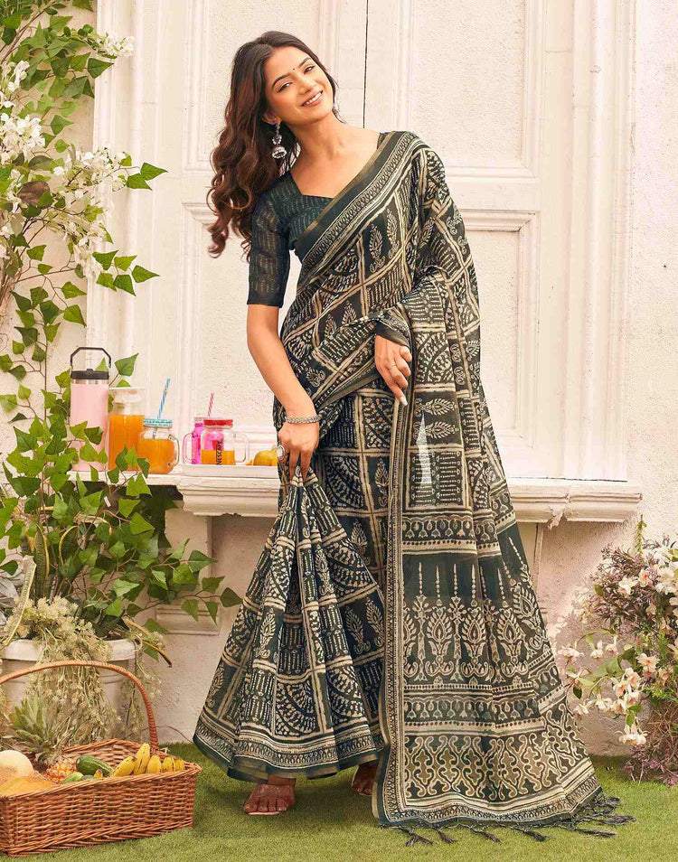 Dark Grey Shimmer Silk Printed Saree