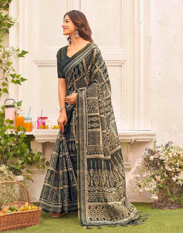 Dark Grey Shimmer Silk Printed Saree