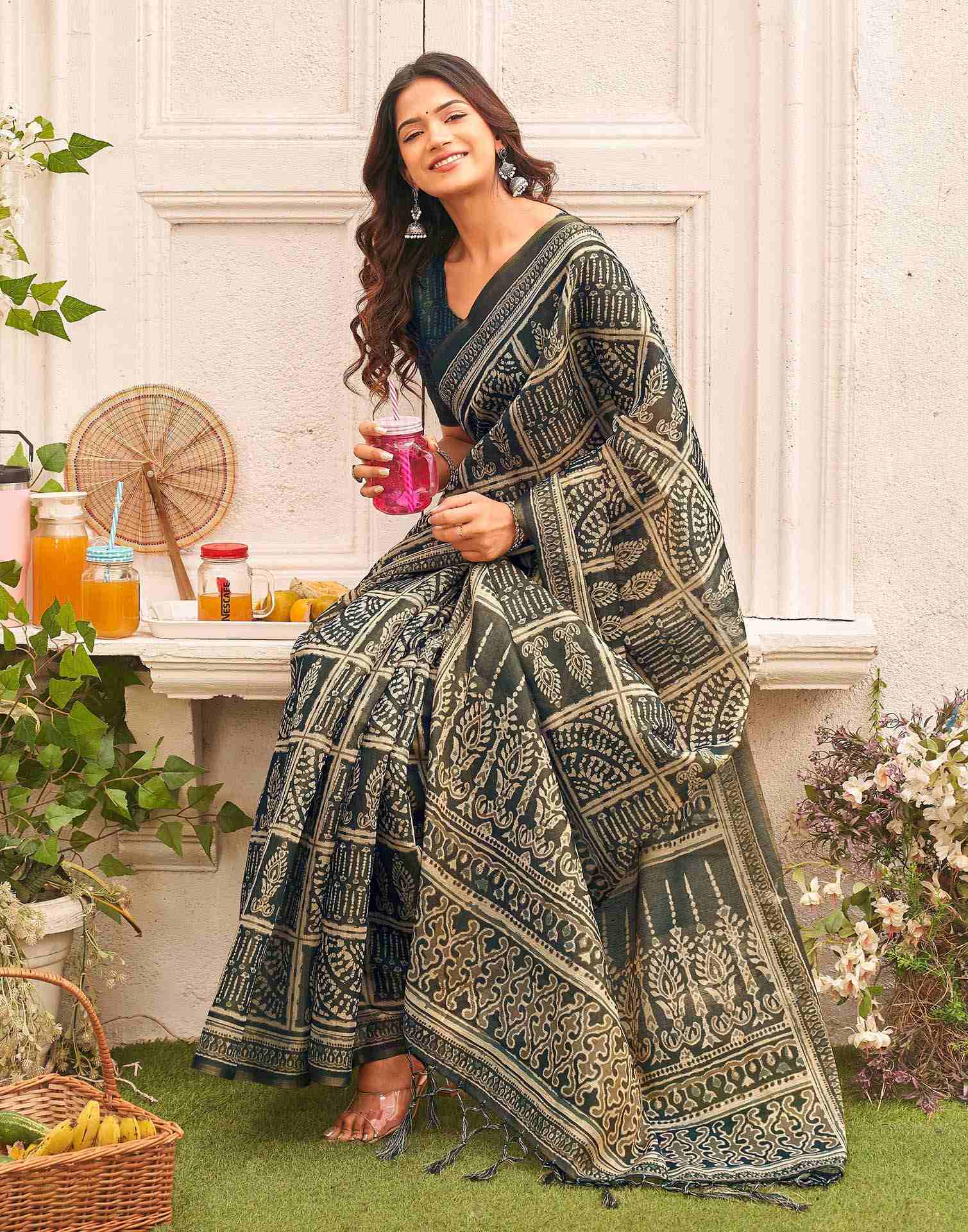 Dark Grey Shimmer Silk Printed Saree