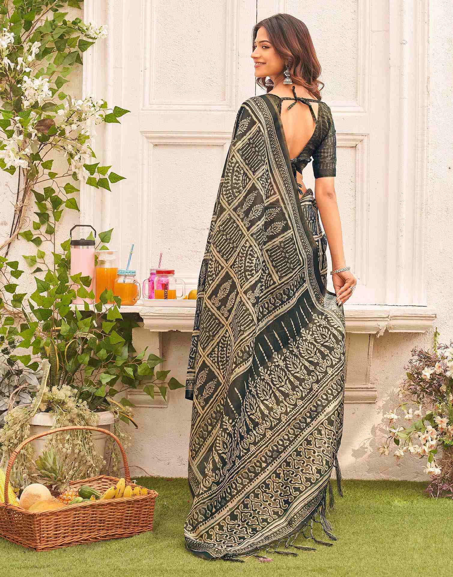 Dark Grey Shimmer Silk Printed Saree