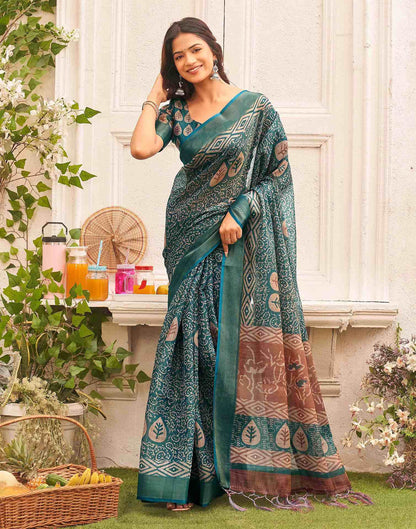 Dusty Rama Blue Shimmer Silk Printed Saree