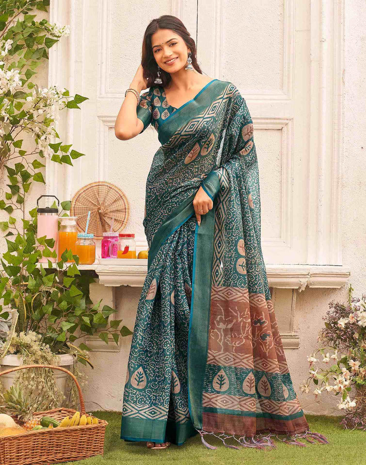 Dusty Rama Blue Shimmer Silk Printed Saree