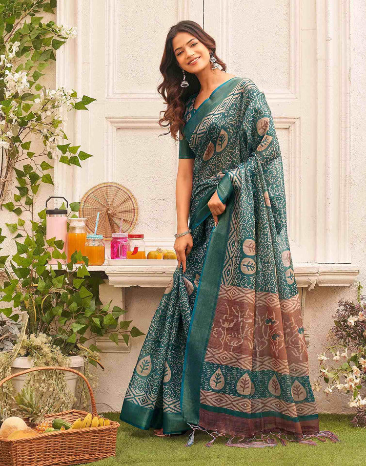 Dusty Rama Blue Shimmer Silk Printed Saree