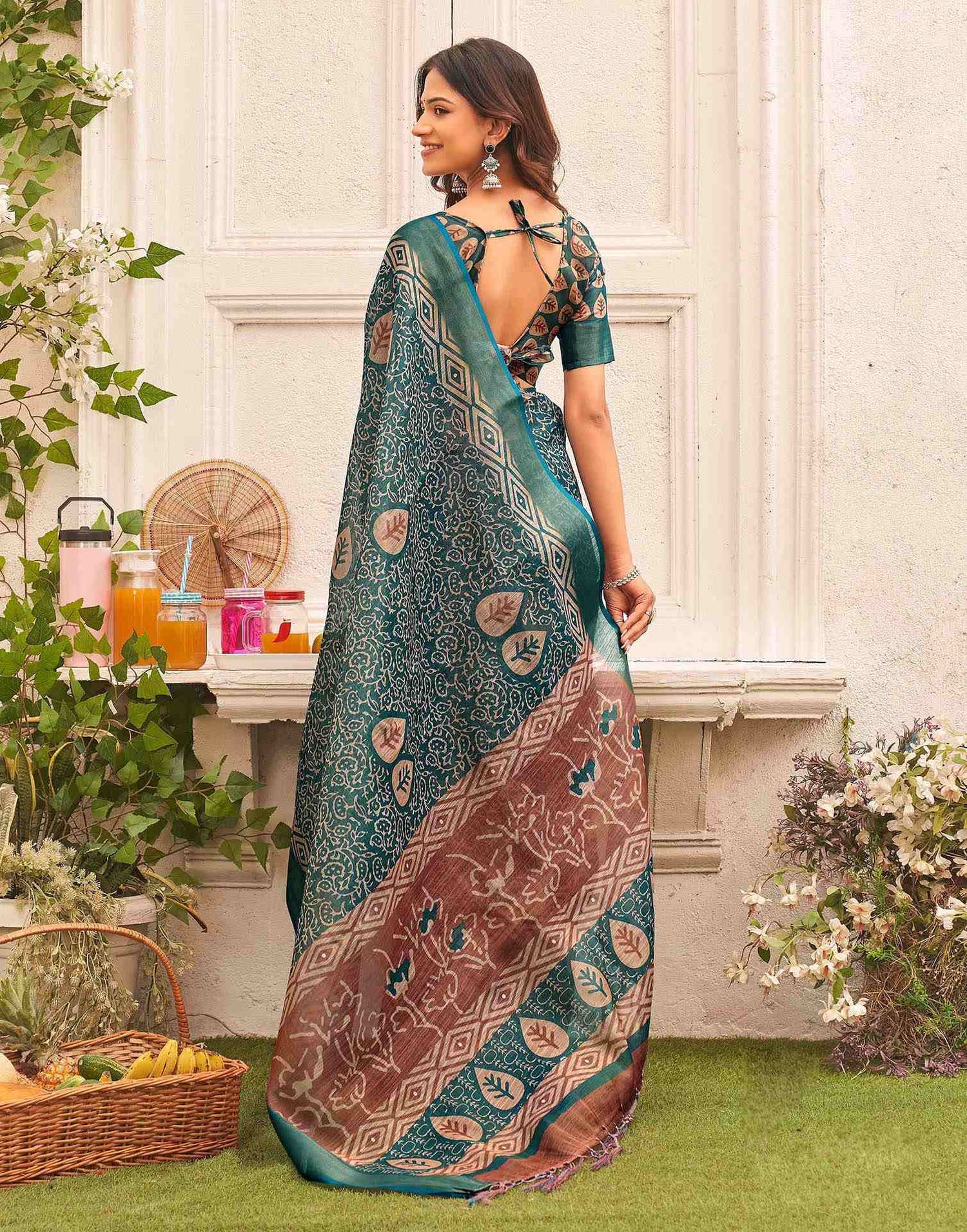 Dusty Rama Blue Shimmer Silk Printed Saree