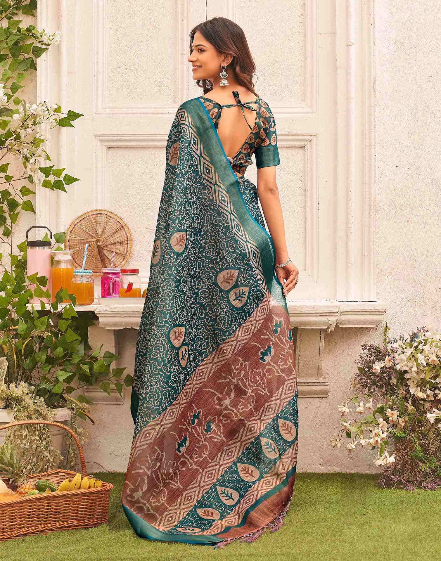 Dusty Rama Blue Shimmer Silk Printed Saree