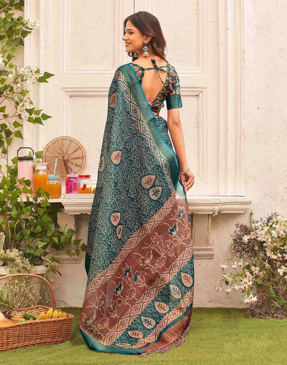 Dusty Rama Blue Shimmer Silk Printed Saree