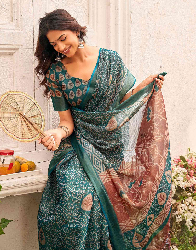 Dusty Rama Blue Shimmer Silk Printed Saree