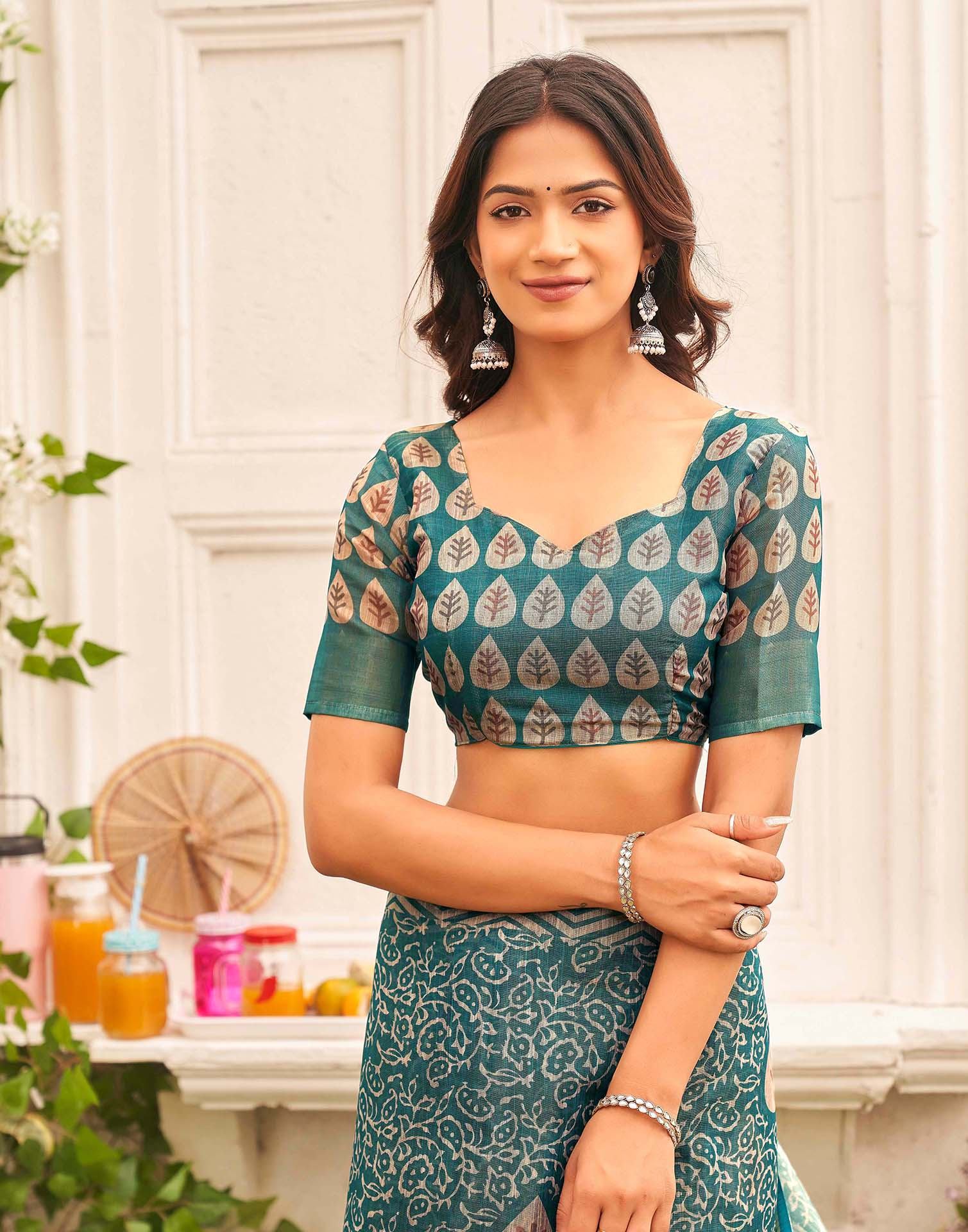 Dusty Rama Blue Shimmer Silk Printed Saree