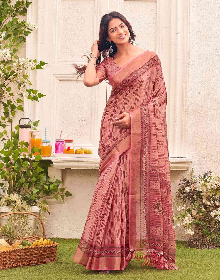 Dusty Rose Pink Shimmer Silk Printed Saree