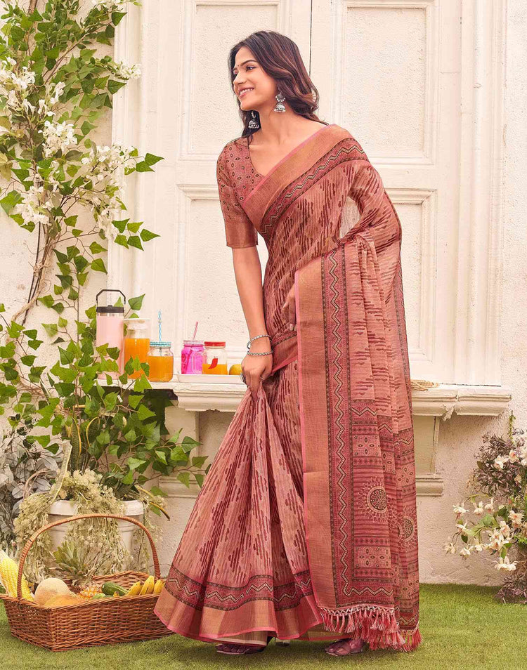 Dusty Rose Pink Shimmer Silk Printed Saree
