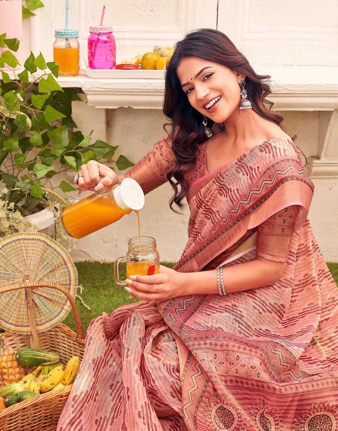 Dusty Rose Pink Shimmer Silk Printed Saree