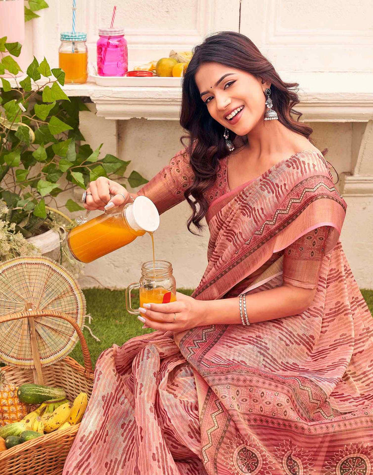 Dusty Rose Pink Shimmer Silk Printed Saree