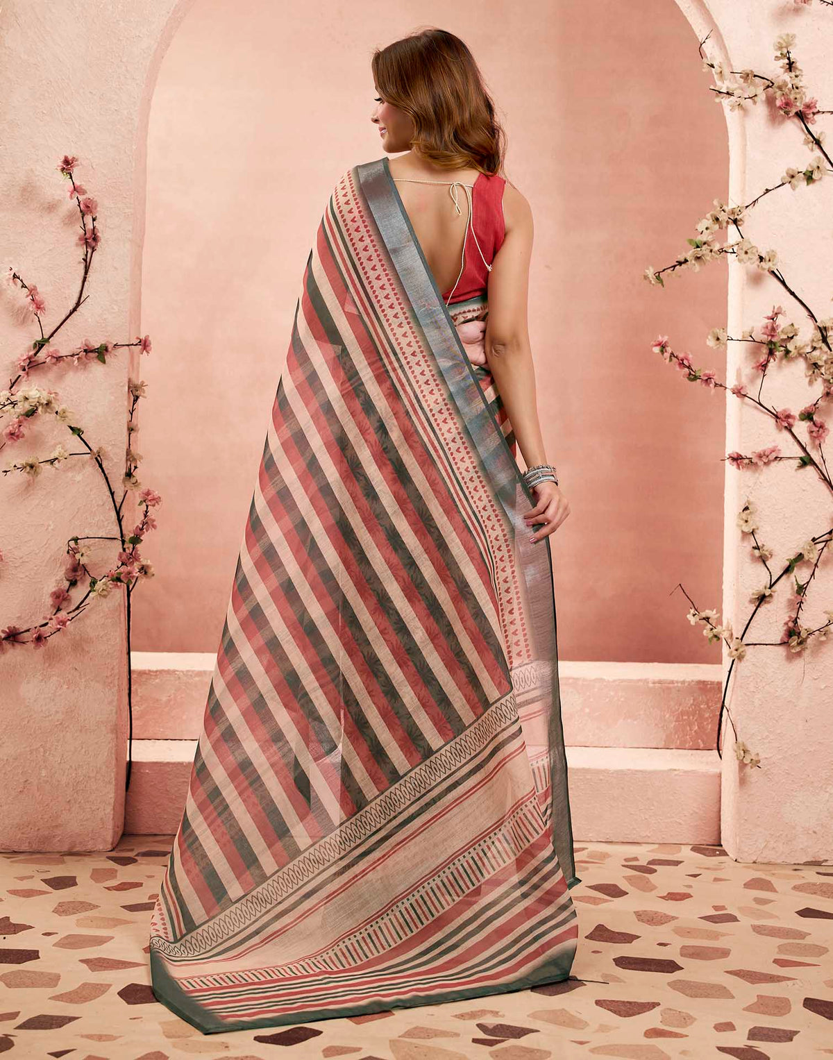 Ready To Wear Beige Linen Floral Printed Saree