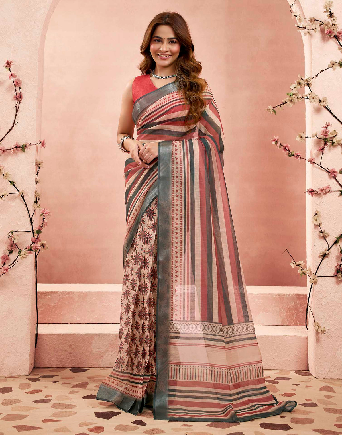 Ready To Wear Beige Linen Floral Printed Saree