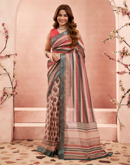 Ready To Wear Beige Linen Floral Printed Saree