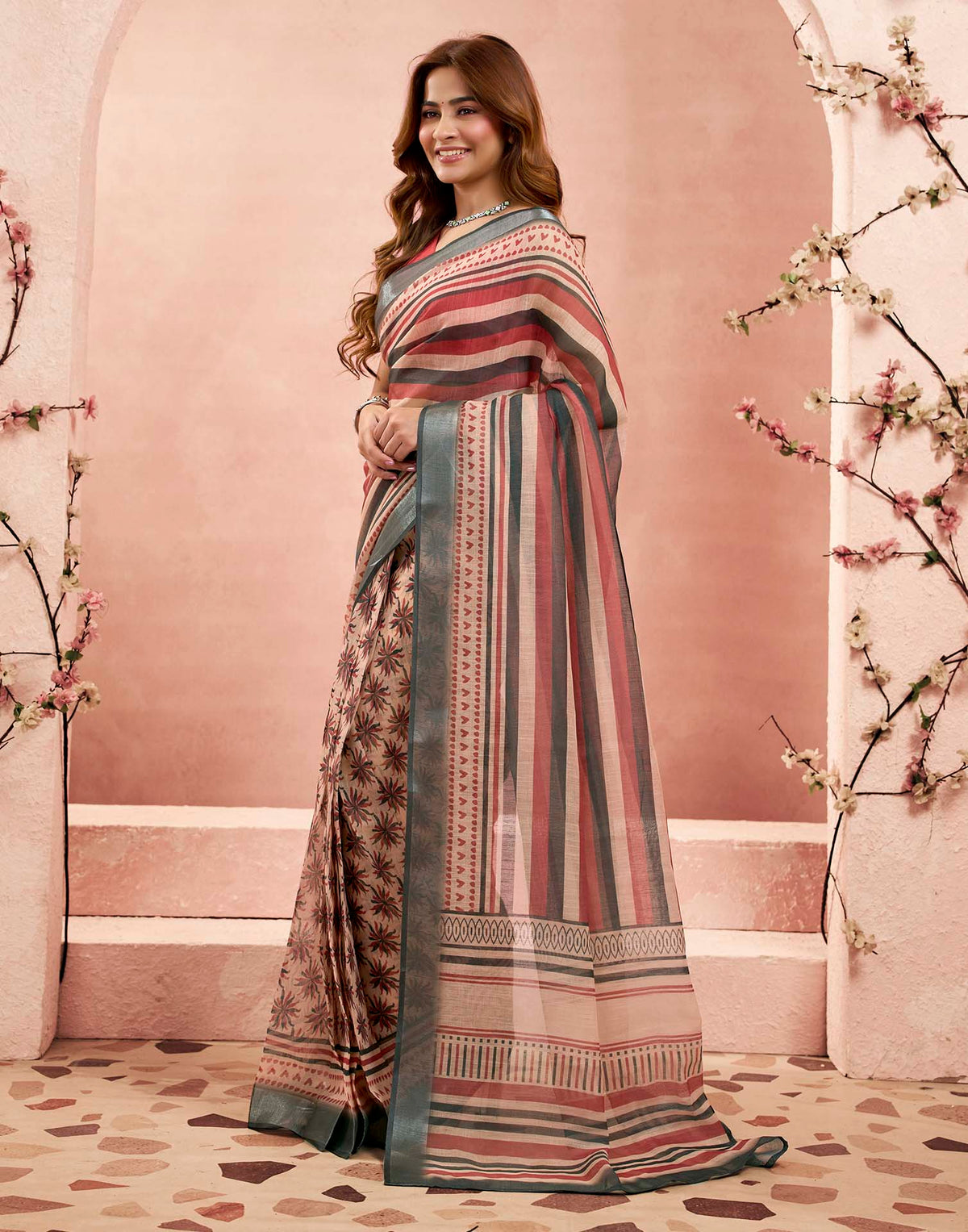 Ready To Wear Beige Linen Floral Printed Saree
