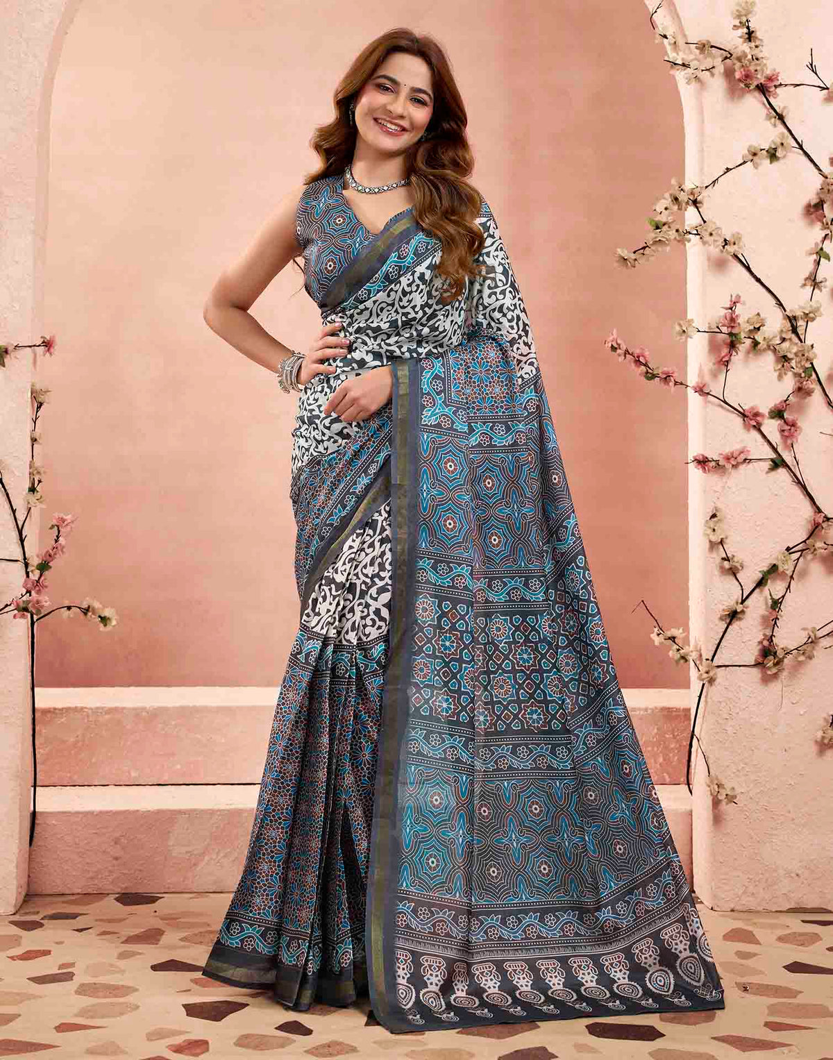 Ready To Wear Grey Linen Printed Saree