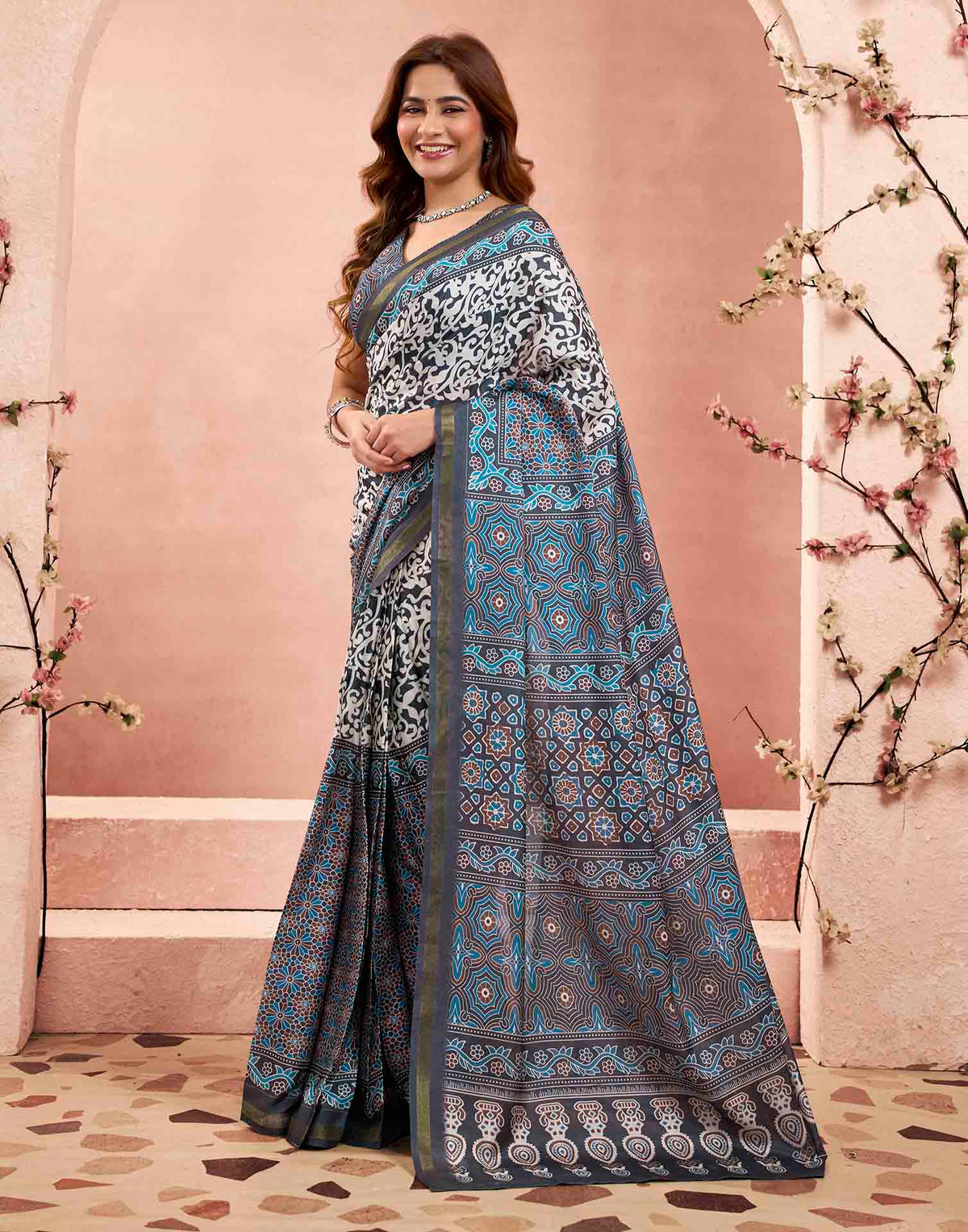 Ready To Wear Grey Linen Printed Saree