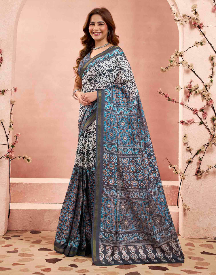 Ready To Wear Grey Linen Printed Saree