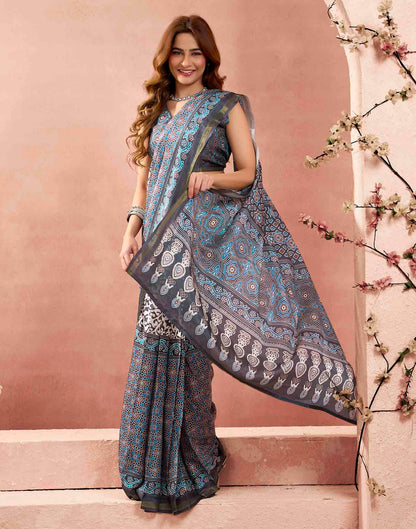 Ready To Wear Grey Linen Printed Saree