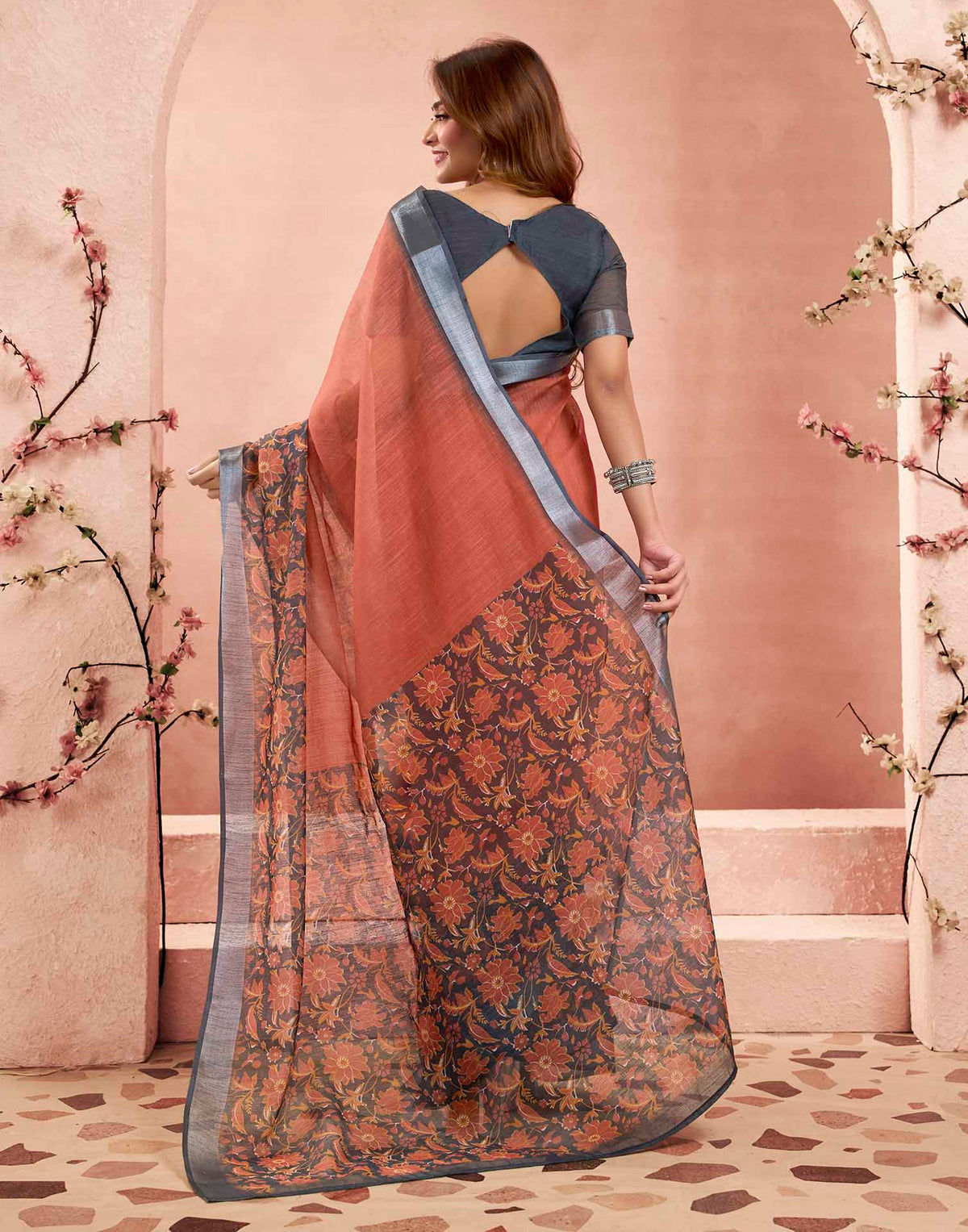 Ready To Wear Rust Linen Floral Printed Saree
