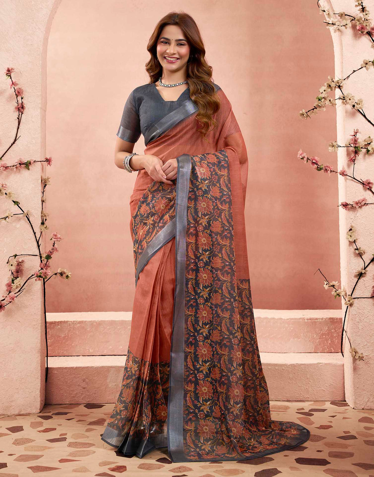 Ready To Wear Rust Linen Floral Printed Saree