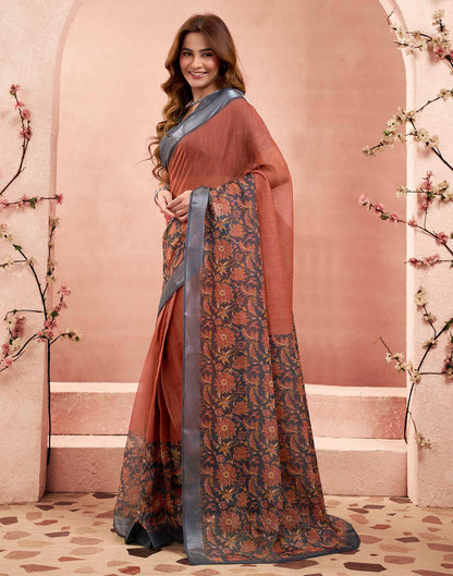 Ready To Wear Rust Linen Floral Printed Saree